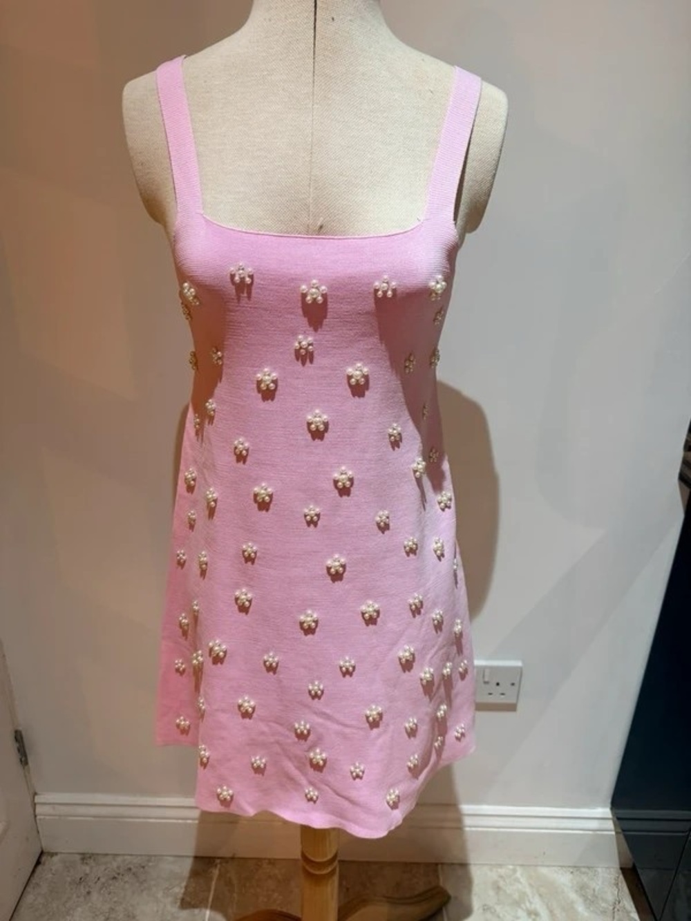 Pearl-Embellished Pink Knit Mini Dress